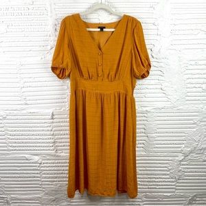 Ann Taylor Factory Mustard Yellow V-Neck Puff Sleeve Dress